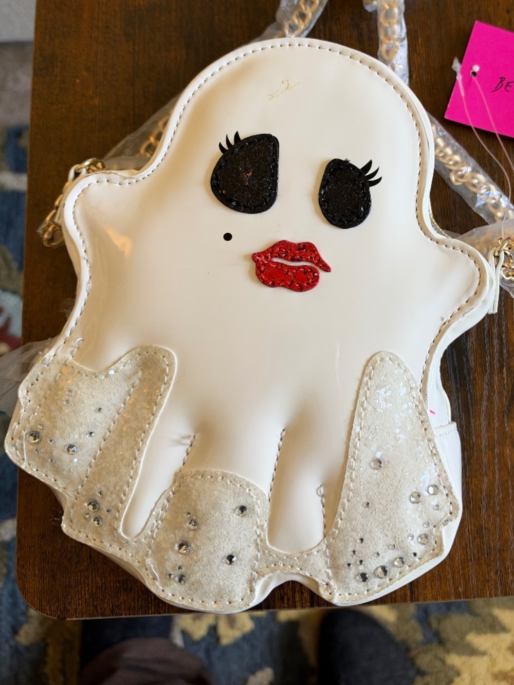 NWT Betsy Johnson White Patent Leather and Sequin Ghost Purse (some flaws)